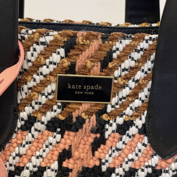 Kate Spade Manhattan Plaid Chunky Woven Fabric Large Tote Leather Straps & Tag p - Picture 5 of 6